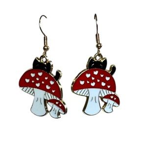 Mushroom Cat Pierced Dangle Whimsical Earrings Quirky Cottagecore Fairycore